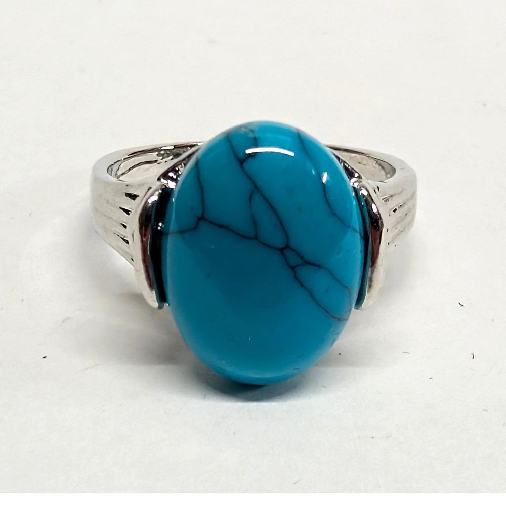 New Faux Turquoise Oval Cabochon Ring Large PLus‎ Size Size 9.75 Silver Tone Big
